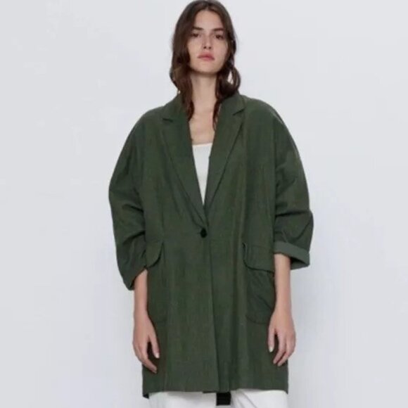 Zara Jackets & Blazers - Zara Longline Oversized Linen Blend Olive Blazer Jacker xs